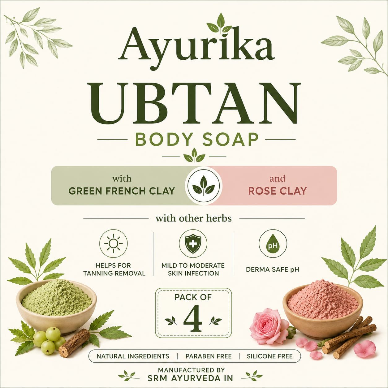 Ayurika Ubtan Body Soap Pack of 4 | Handmade Ayurvedic Soap with Green French Clay & Rose Clay | Tan Removal & Deep Cleansing Herbal Bath Soap 2 Ayurika Ubtan Body Soap Pack of 4 | Handmade Ayurvedic Soap with Green French Clay & Rose Clay | Tan Removal & Deep Cleansing Herbal Bath Soap - Image 2