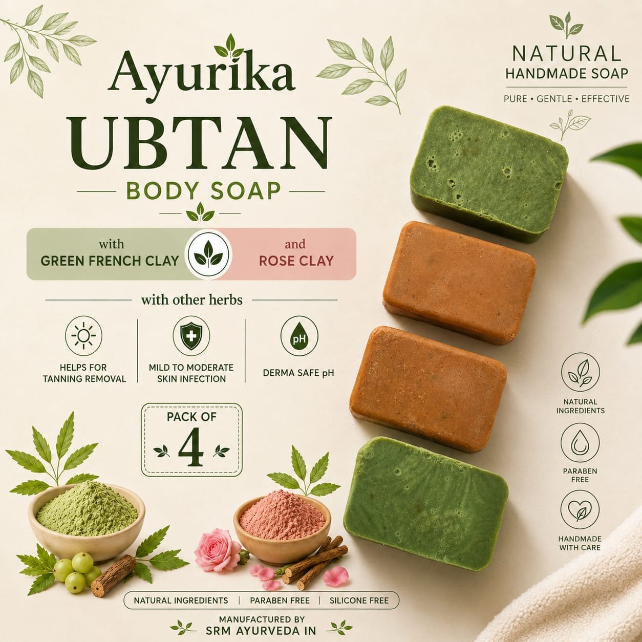 Ayurika Ubtan Body Soap Pack of 4 | Handmade Ayurvedic Soap with Green French Clay & Rose Clay | Tan Removal & Deep Cleansing Herbal Bath Soap 3 Ayurika Ubtan Body Soap Pack of 4 | Handmade Ayurvedic Soap with Green French Clay & Rose Clay | Tan Removal & Deep Cleansing Herbal Bath Soap - Image 3