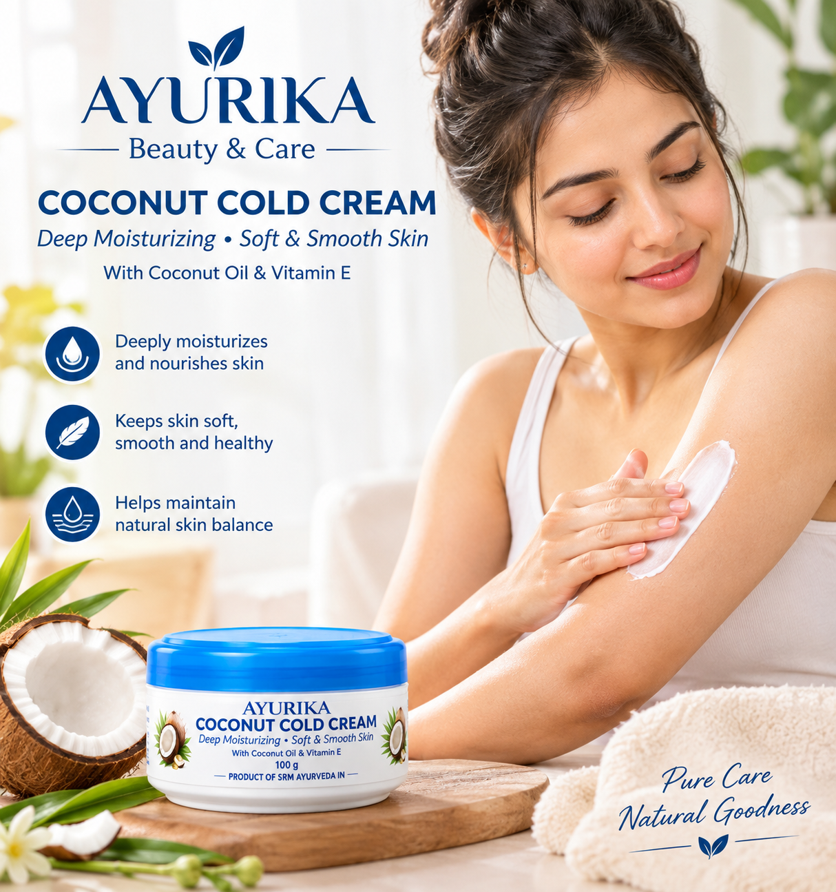 Ayurika Coconut Cold Cream for Face & Body | Deep Moisturizing Cream with Coconut Oil & Vitamin E | Soft & Smooth Skin | 100 g 3 Ayurika Coconut Cold Cream for Face & Body | Deep Moisturizing Cream with Coconut Oil & Vitamin E | Soft & Smooth Skin | 100 g - Image 3